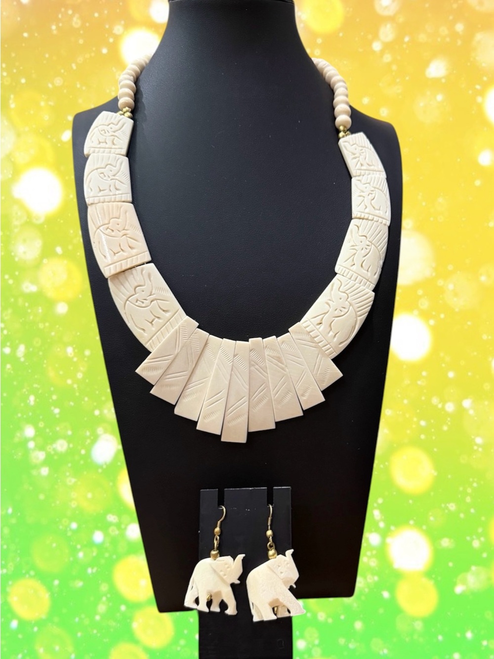Vtg Hand Carved Bovine Bone Elephant Bib Statement Necklace & Earrings Set  20”